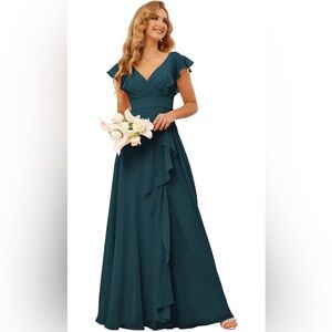 Full length formal dress teal with lace up back (peach dress is show style)